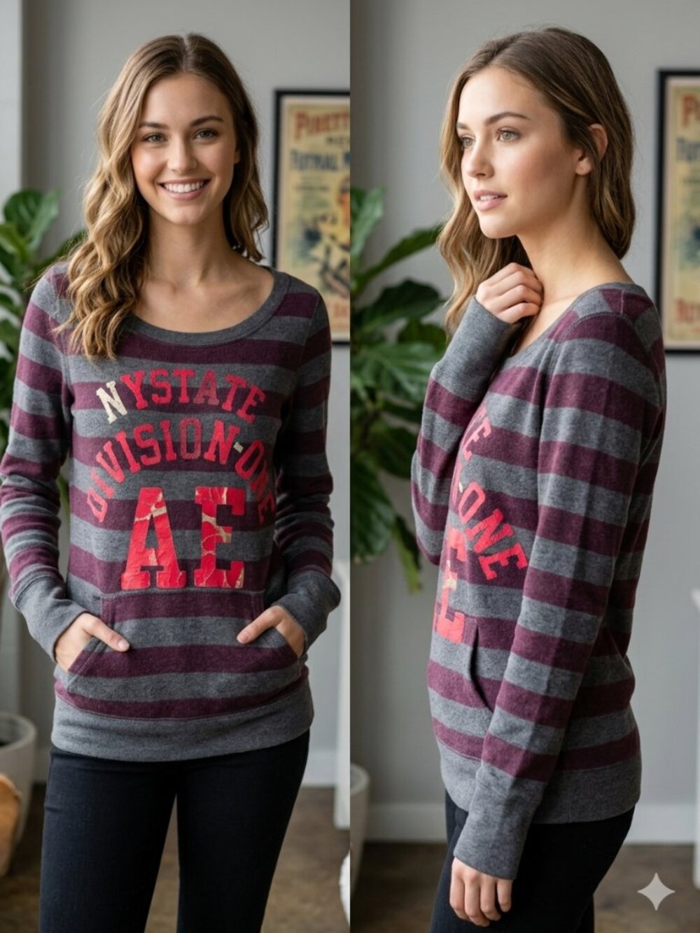 American Eagle Y2K NY State Division Gray/Purple Striped Sweatshirt Size Small - Picture 2 of 7